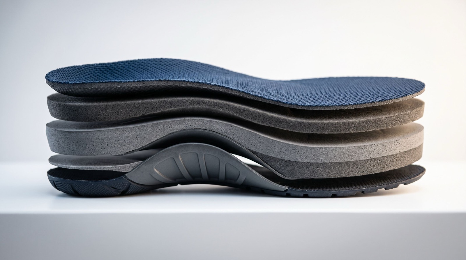 Cross-section of an orthotic insole showing its internal support layers