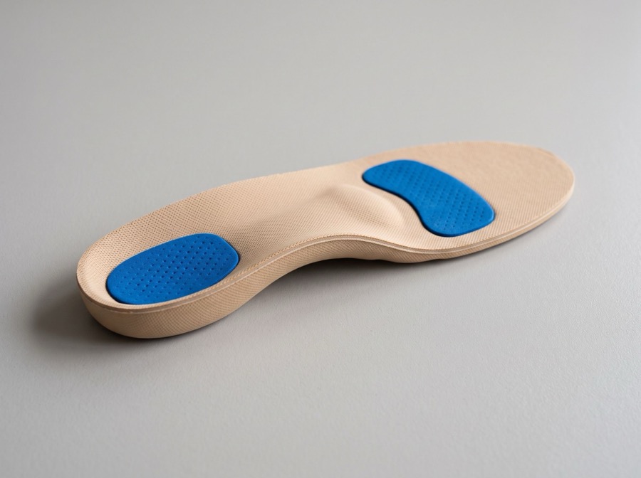 Custom-molded beige orthotic insole with blue heel and forefoot padding